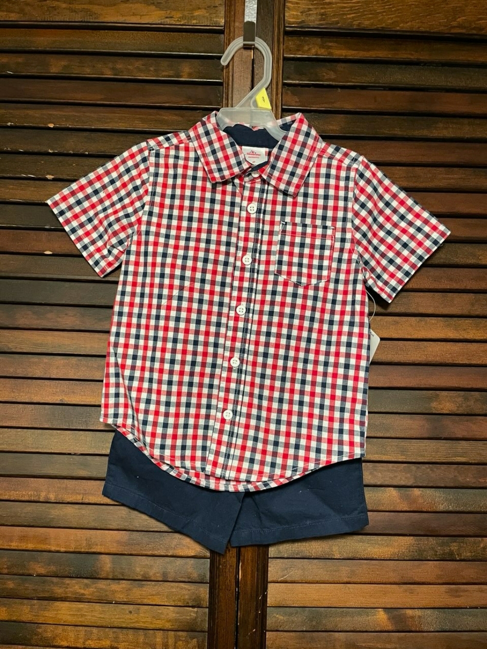 🛍 Boys Cotton Red White Blue Plaid Button-Down Shirt With Shorts 2 Piece Set 3T